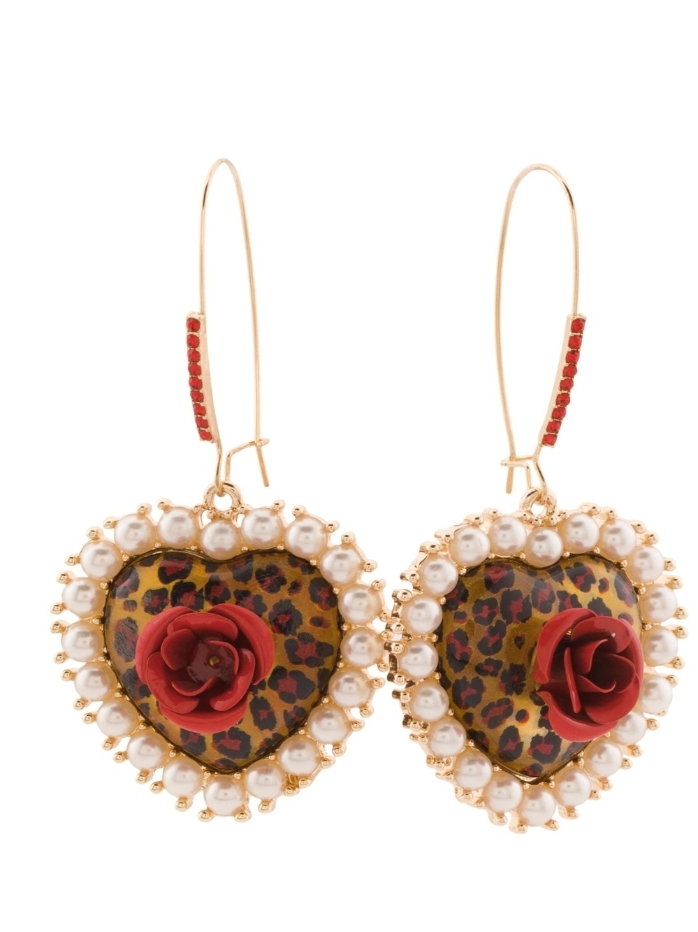 🤎▪️Betsey Johnson ▪️Red Rose Leopard Heart Pearl Drop Earrings